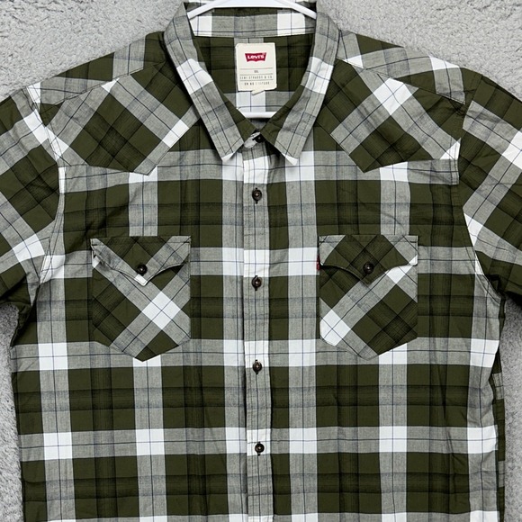 Levis Shirt Western Mens 2XL Green Gray Plaid Button Up Flap Pocket Short Sleeve - Picture 1 of 7